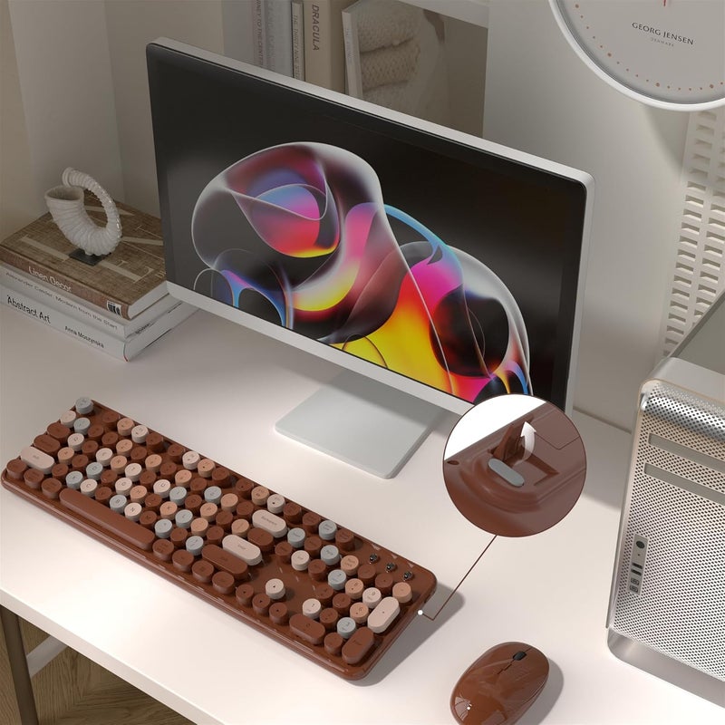 MPTOG Colorful Wireless Computer Keyboard and Mouse Combo with Round Typewriter Keycaps, Retro Design, Power Switch, Ergonomic Design, 2.4GHz Wireless for Windows, Mac, PC(Coffee-Colorful) - Image 2